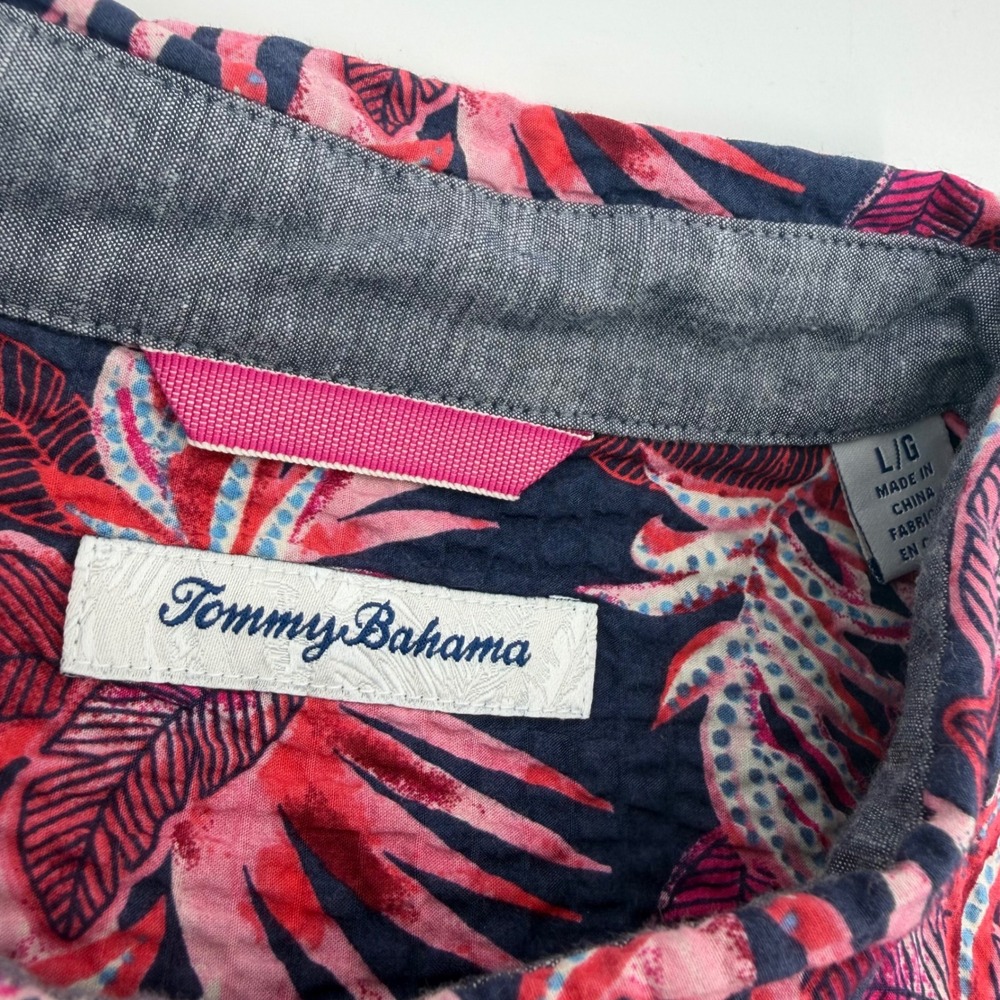 Tommy Bahama Shirt Mens Large Navy Pink Tropical Leaf Seersucker Button Down - Picture 6 of 9